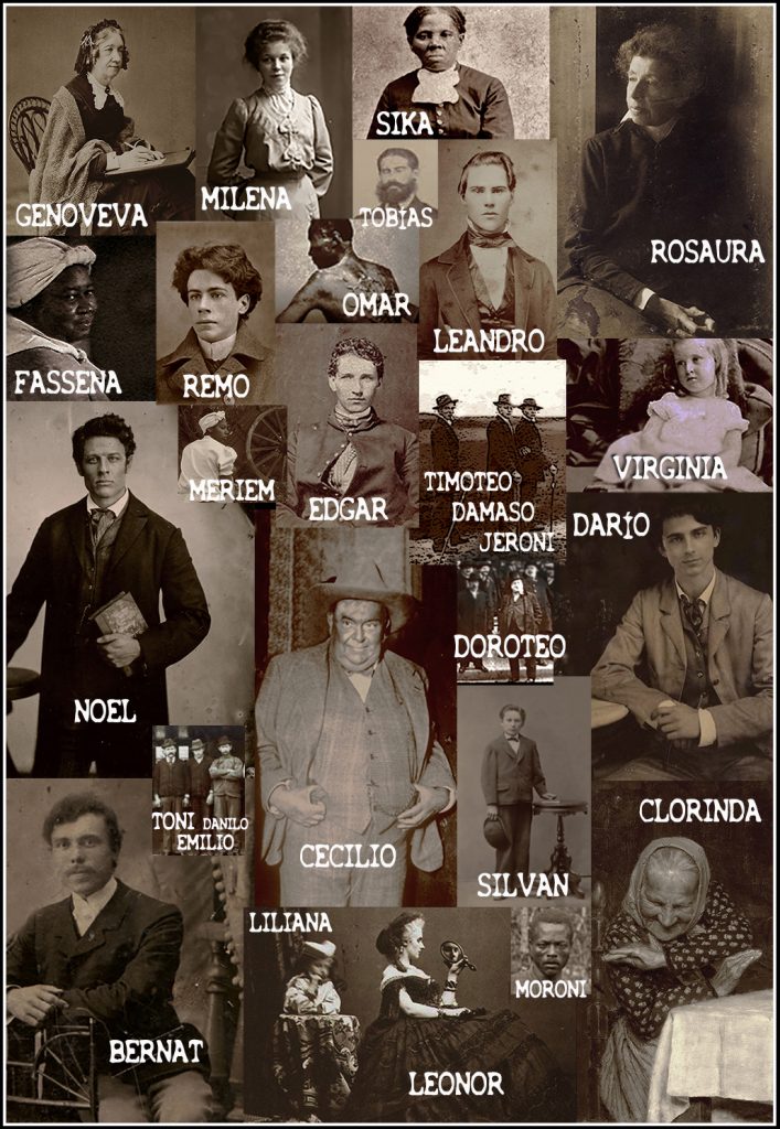 Personajes del siglo XIX, esclavos y amos, campos de algodón.